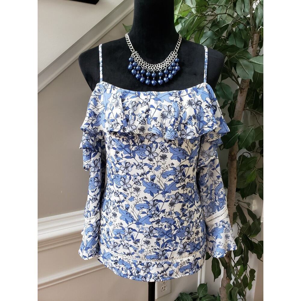 CeCe Women Blue Floral Ruffle Spaghetti Strap Could Shoulder Blouse Top Size M